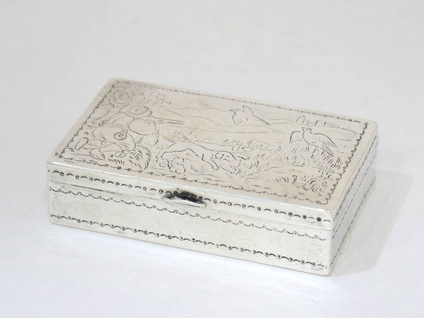 3 3/8 in - Sterling Silver Antique London Import Mark Hunting Scene Snuff Box