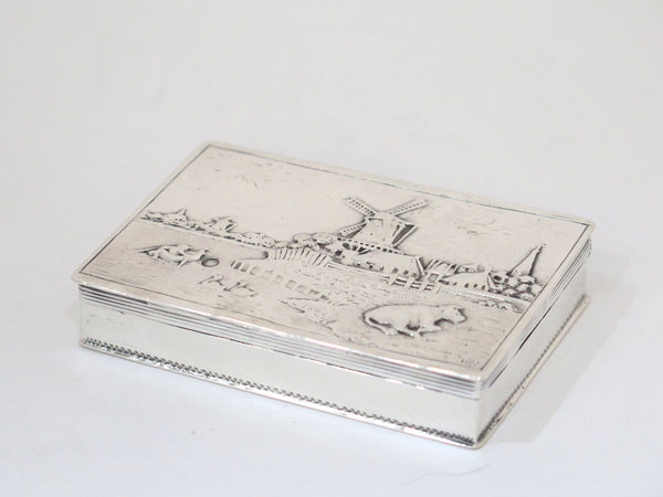 3 in - European Silver Antique Dutch River Windmills Scene Snuff Box