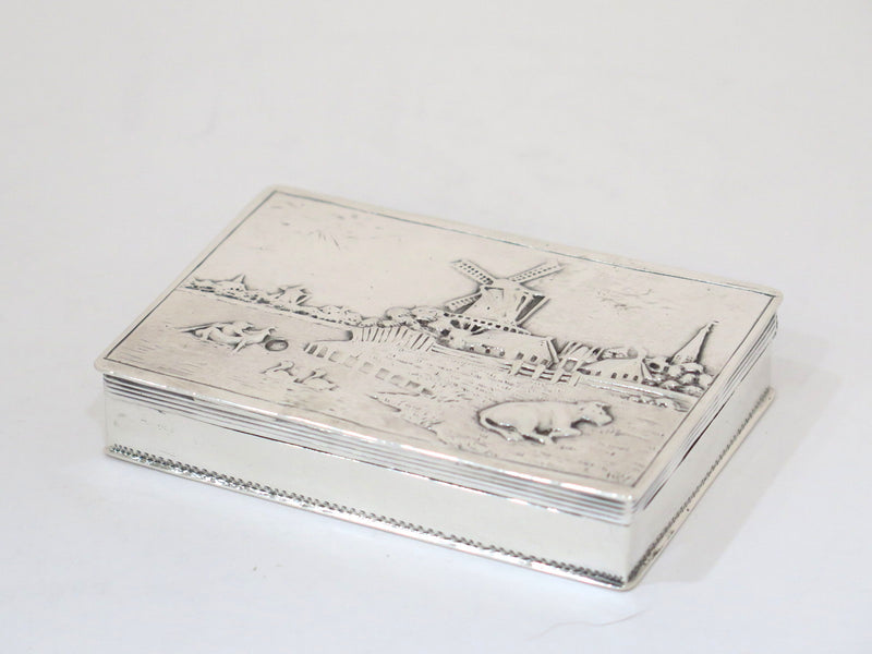 3 in - European Silver Antique Dutch River Windmills Scene Snuff Box
