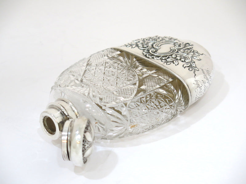 6 3/8 in Sterling Silver Crystal Woodside Antique Floral Flask w/ Detachable Cup