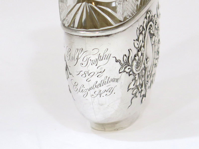 6 3/8 in Sterling Silver Crystal Woodside Antique Floral Flask w/ Detachable Cup