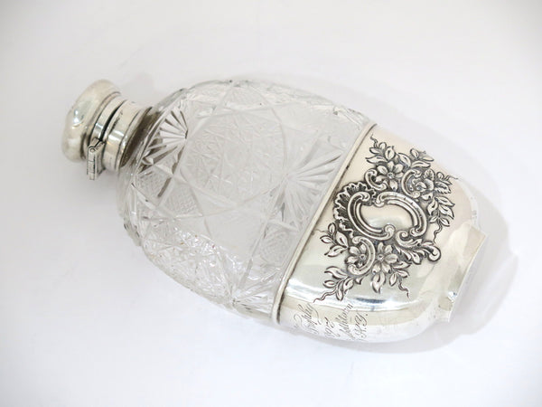 6 3/8 in Sterling Silver Crystal Woodside Antique Floral Flask w/ Detachable Cup