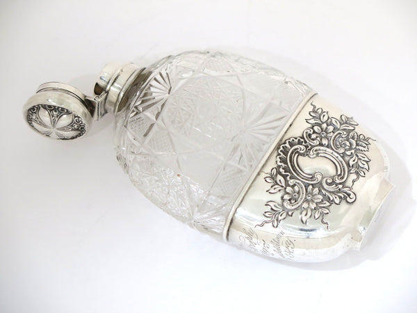6 3/8 in Sterling Silver Crystal Woodside Antique Floral Flask w/ Detachable Cup