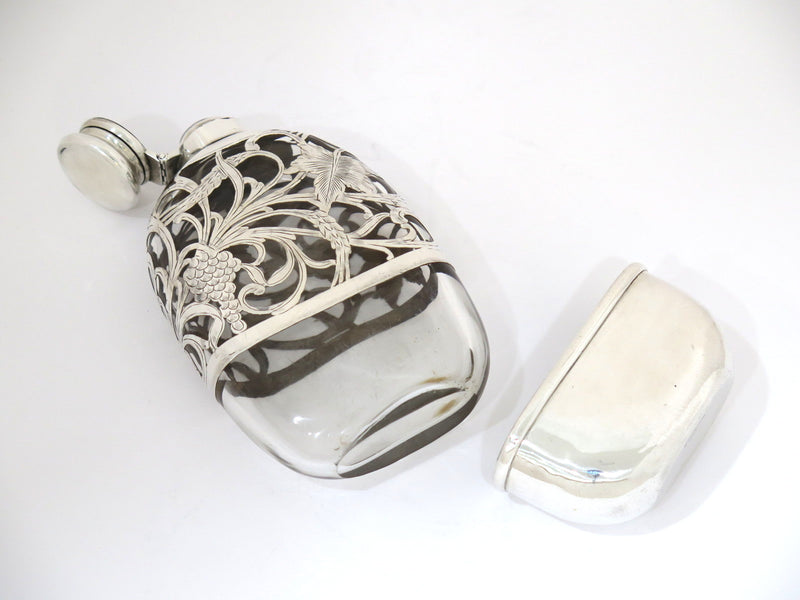5 5/8" Sterling Silver Glass Antique American Grapevine Flask w/ Detachable Cup