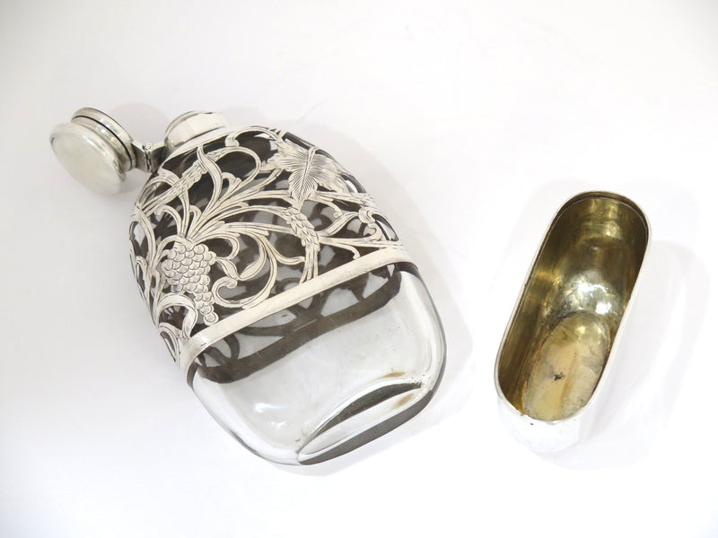 5 5/8" Sterling Silver Glass Antique American Grapevine Flask w/ Detachable Cup
