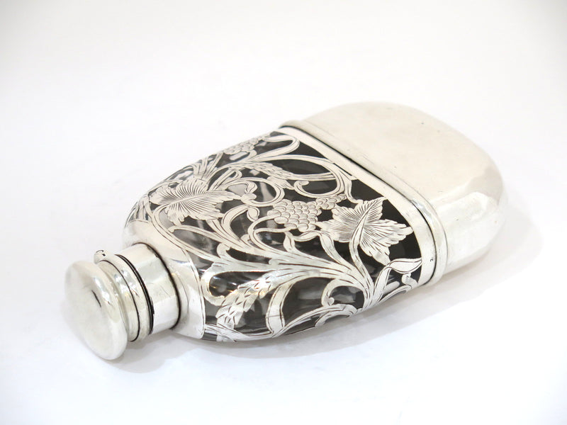 5 5/8" Sterling Silver Glass Antique American Grapevine Flask w/ Detachable Cup