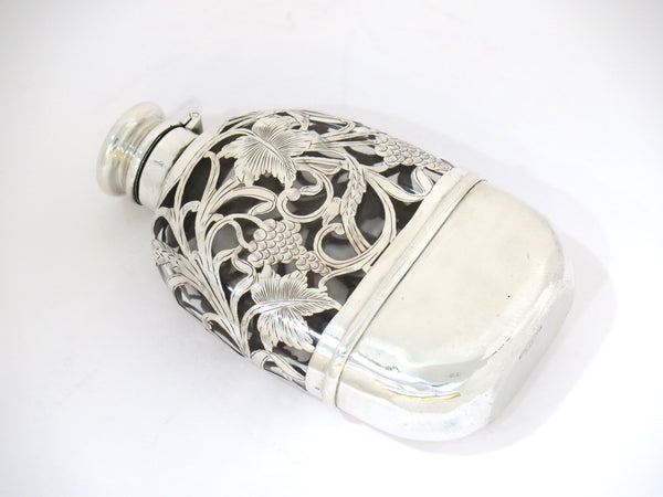 5 5/8" Sterling Silver Glass Antique American Grapevine Flask w/ Detachable Cup