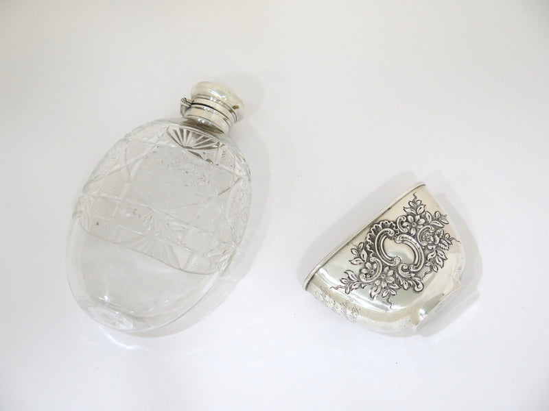 6 3/8 in Sterling Silver Crystal Woodside Antique Floral Flask w/ Detachable Cup