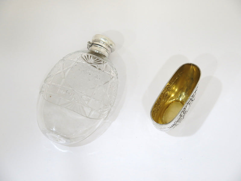 6 3/8 in Sterling Silver Crystal Woodside Antique Floral Flask w/ Detachable Cup
