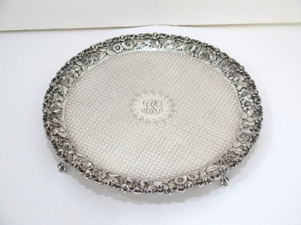 12 in - Sterling Silver S. Kirk & Son Antique Floral Repousse Footed Round Tray