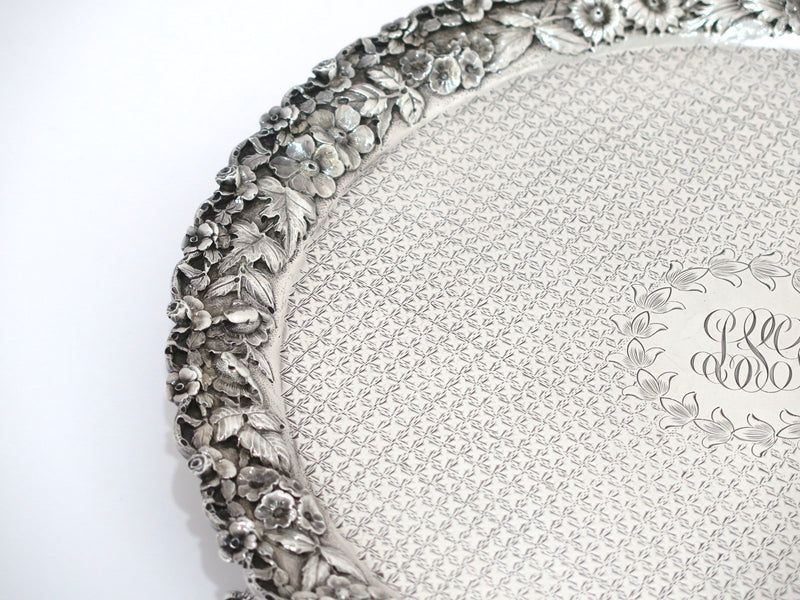 12 in - Sterling Silver S. Kirk & Son Antique Floral Repousse Footed Round Tray