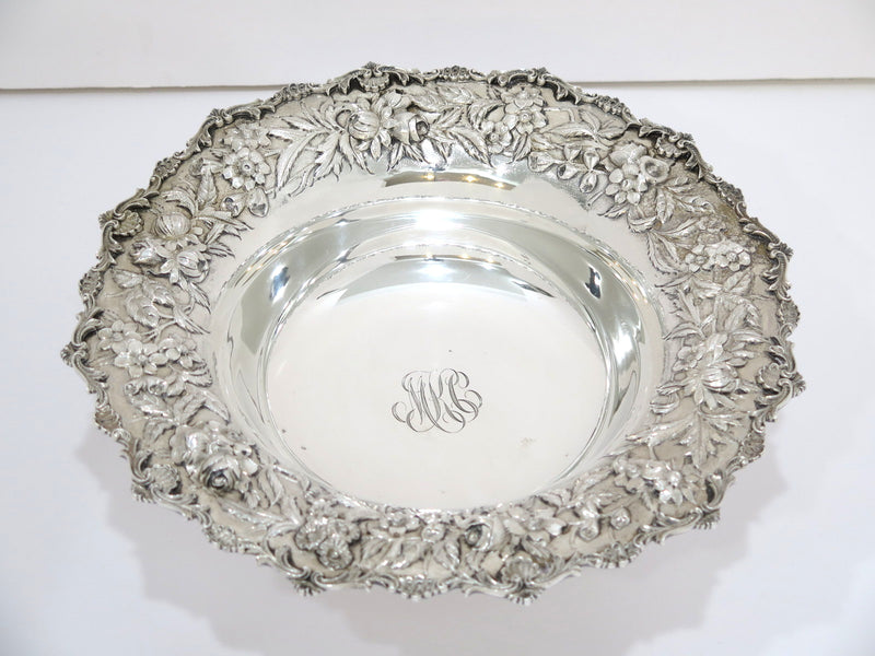 11.5" Sterling Silver S. Kirk & Son Antique Floral Repousse Footed Serving Bowl