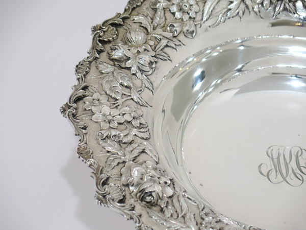 11.5" Sterling Silver S. Kirk & Son Antique Floral Repousse Footed Serving Bowl