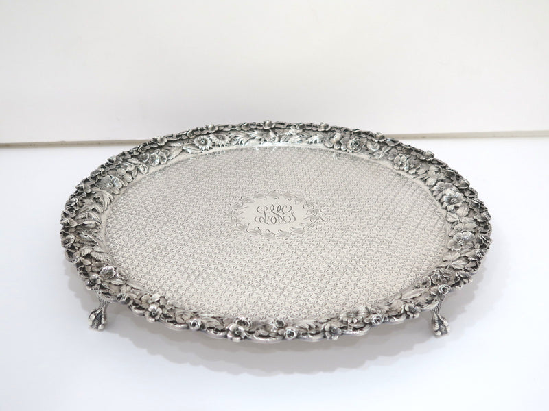 12 in - Sterling Silver S. Kirk & Son Antique Floral Repousse Footed Round Tray