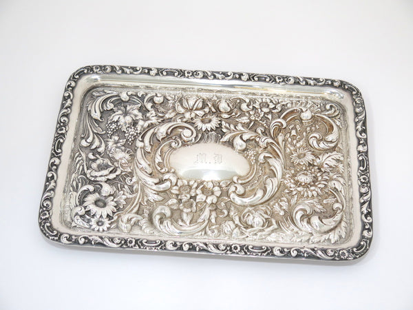 11.5" Sterling Silver Antique English 1901 Floral Repousse Small Decorative Tray