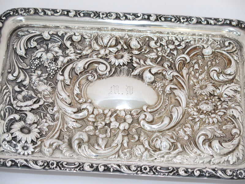 11.5" Sterling Silver Antique English 1901 Floral Repousse Small Decorative Tray