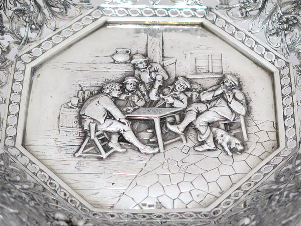 13 3/8 in - European Silver Antique German Hanau Playing Cards Scene Footed Bowl