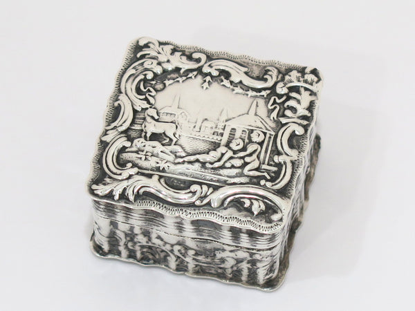 2 in - European Silver Antique Continental Country Life Scenes Pill Box