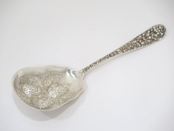 8" Sterling Silver Stieff Antique Strawberry Motif Floral Repousse Serving Spoon
