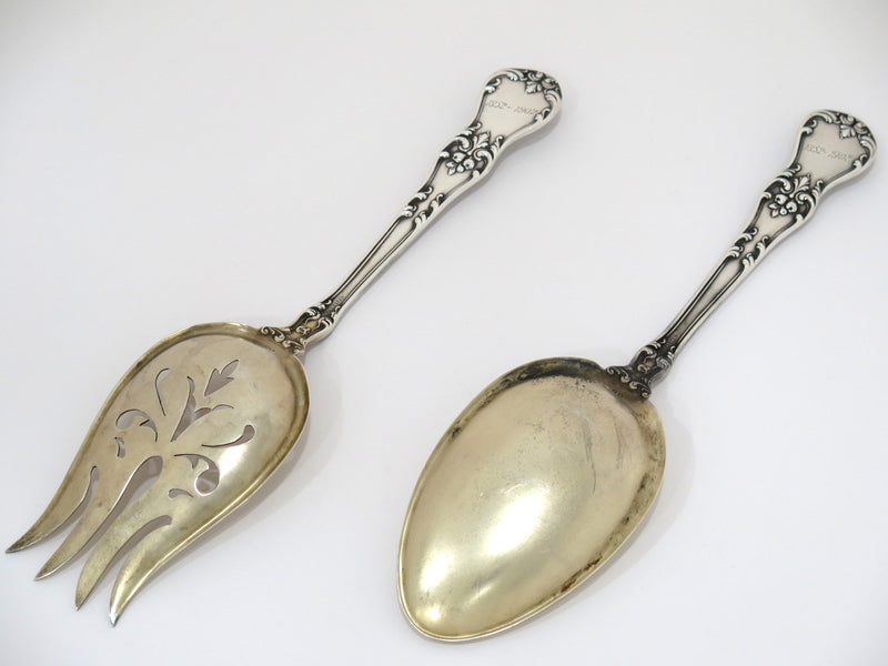 Sterling Silver Gilt JB & SM Knowles Antique Fruit Motif Serving Spoon Fork Set