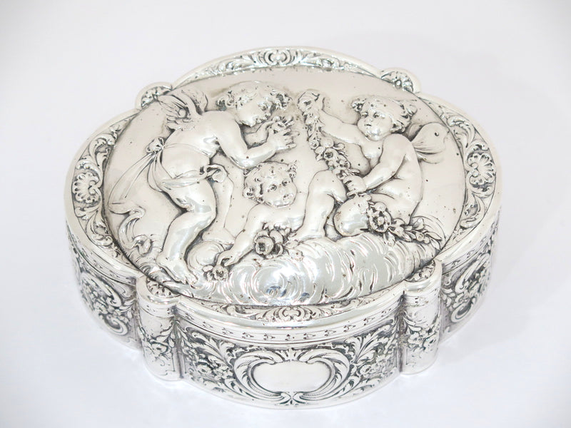 6 7/8 in - European Silver Antique German Hanau Three Cherubs Floral Box