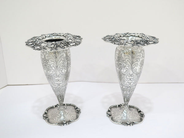Pair of 7.75 in - Sterling Silver Roger Williams Antique Floral Scroll Vases