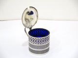 2 3/8" Sterling Silver Blue Glass Webster Antique Openwork Salt Cellar w/ Spoon