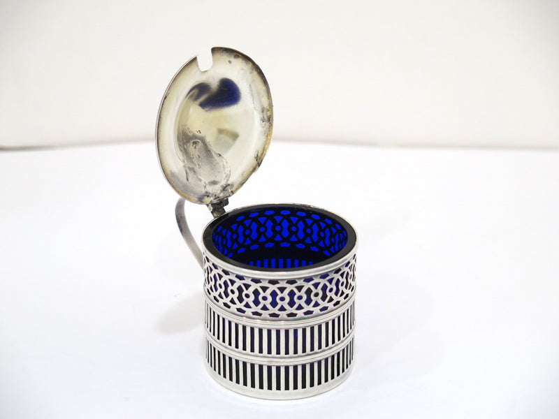 2 3/8" Sterling Silver Blue Glass Webster Antique Openwork Salt Cellar w/ Spoon