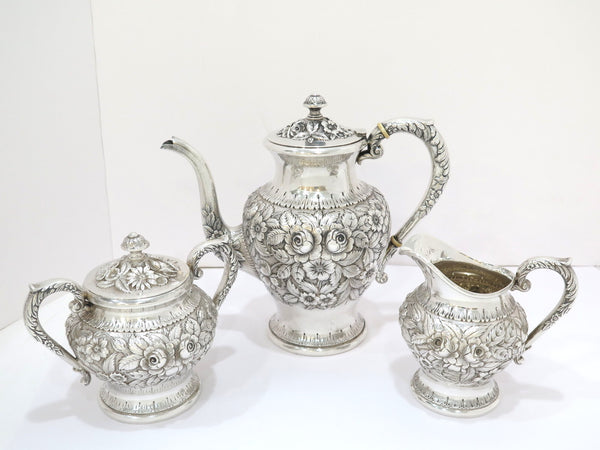 3 pc Sterling Silver S. Kirk & Son Vintage Floral Repousse Tea / Coffee Service