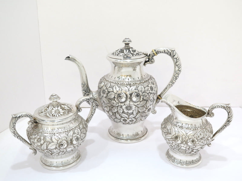 3 pc Sterling Silver S. Kirk & Son Vintage Floral Repousse Tea / Coffee Service