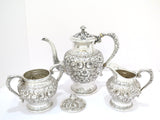 3 pc Sterling Silver S. Kirk & Son Vintage Floral Repousse Tea / Coffee Service