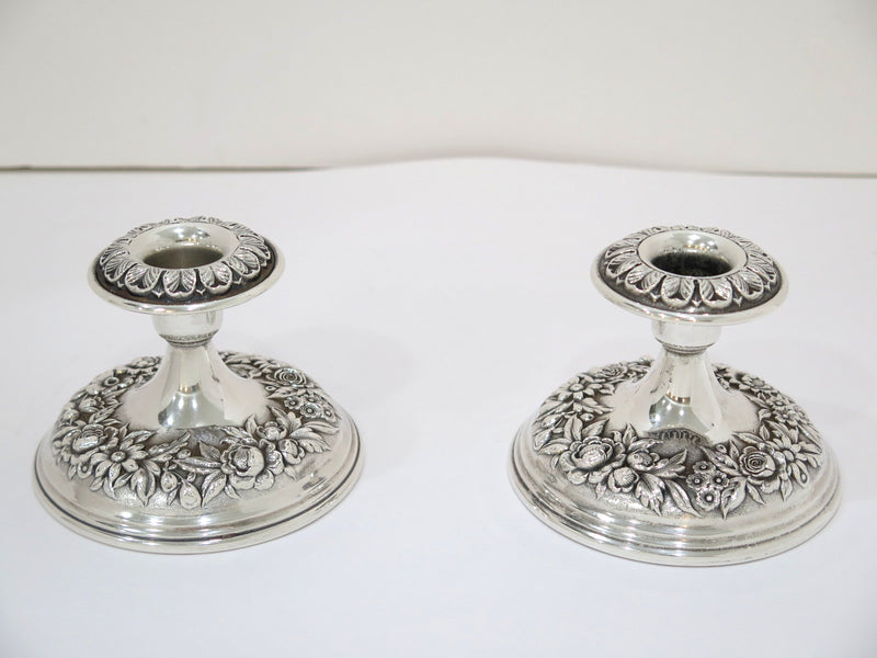 Pair of 4" Sterling Silver S. Kirk & Son Vintage Floral Repousse Candle Holders