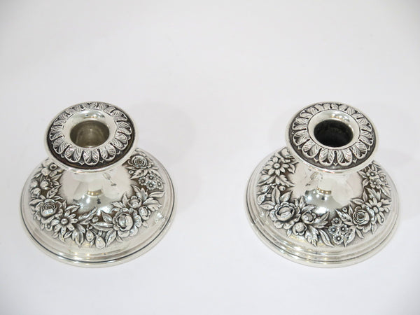 Pair of 4" Sterling Silver S. Kirk & Son Vintage Floral Repousse Candle Holders