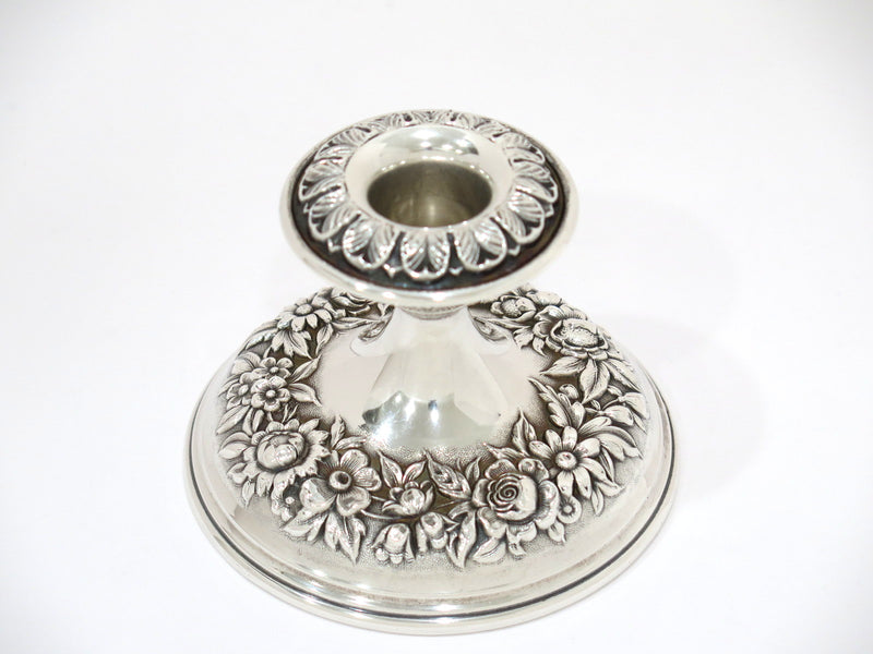 Pair of 4" Sterling Silver S. Kirk & Son Vintage Floral Repousse Candle Holders