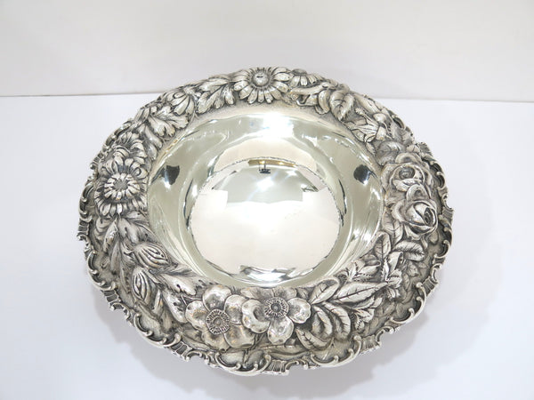 11.5 in Sterling Silver Stieff Antique 1928 Floral Repousse Footed Serving Bowl