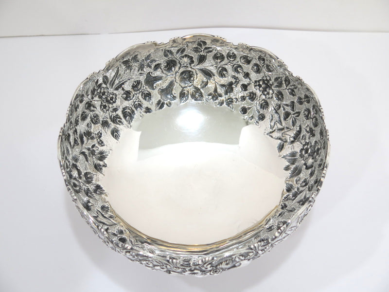 9 in - Sterling Silver S. Kirk & Son Antique Floral Repousse Footed Serving Bowl