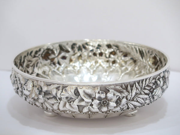 8 in Sterling Silver WM Wilson & Son Antique Floral Repousse Footed Serving Bowl