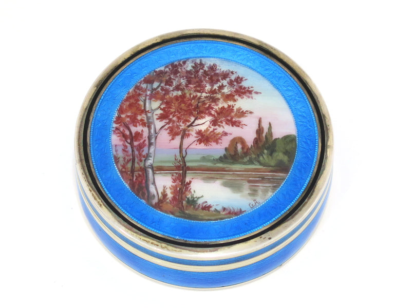 2.75 in - 950 Silver Blue Enamel Guilloche Vintage French Fall Scenery Round Box