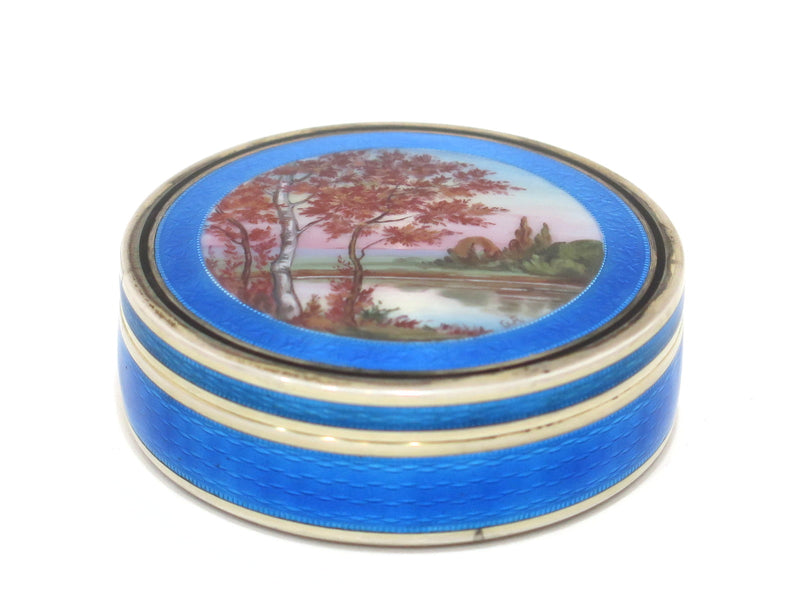 2.75 in - 950 Silver Blue Enamel Guilloche Vintage French Fall Scenery Round Box