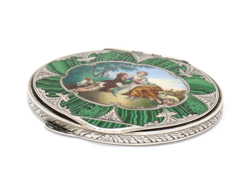 3.75 in - 800 Silver Enamel Malachite Inlay Antique Italian Dating Scene Compact