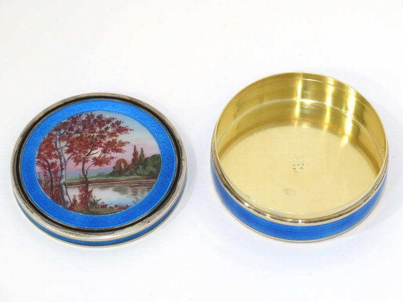 2.75 in - 950 Silver Blue Enamel Guilloche Vintage French Fall Scenery Round Box