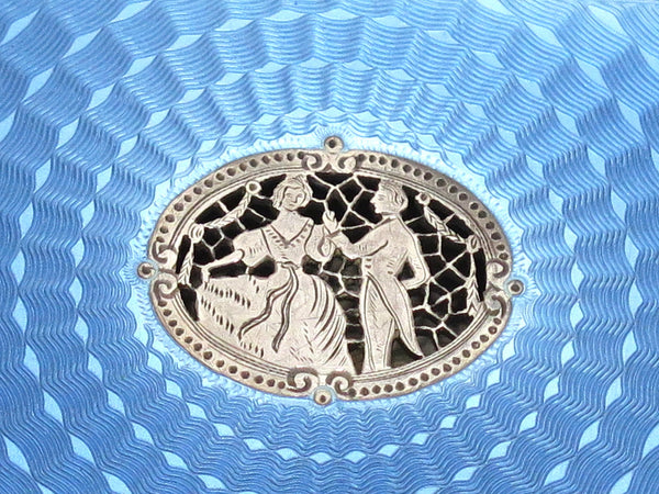 3.5" 900 Silver Blue Enamel Guilloche Antique European Ball Dance Cigarette Case