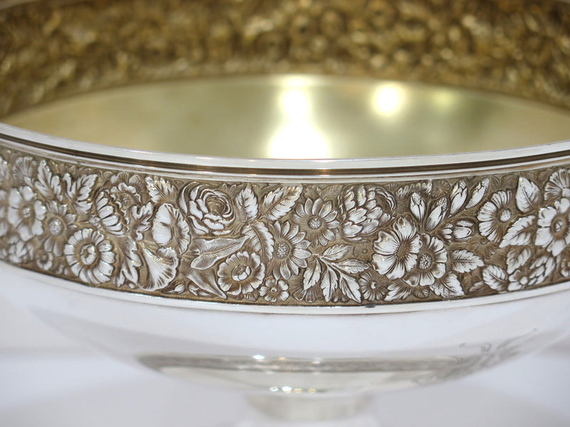 9" Sterling Silver Gilt Int. Dominick & Haff Antique Floral Repousse Footed Bowl