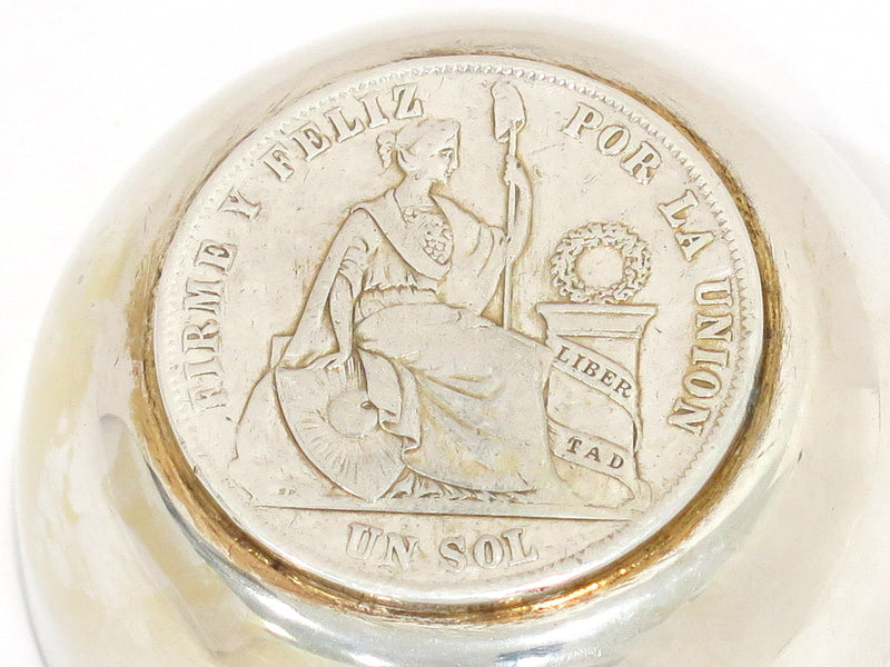 2 5/8 in - Sterling Silver Antique 1868 Republica Peruana 9 Decimos Coin Ashtray