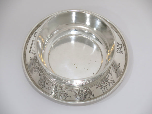 Sterling Silver International Sterling Antique Child's Bowl & Plate w/ Animals