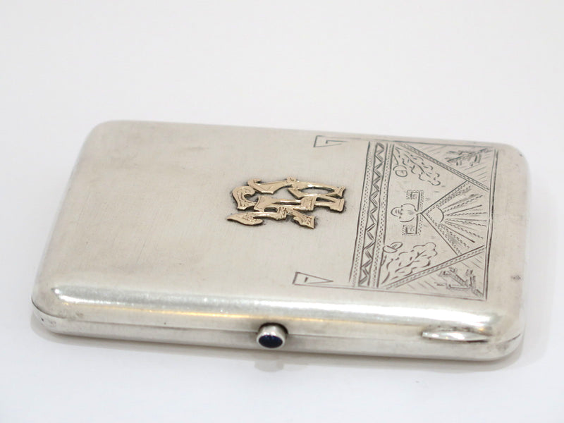 4 3/8" 875 Silver Gold Letters Sapphire Lock Vintage Russian 1936 Cigarette Case