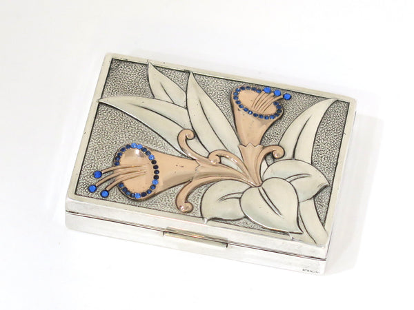 3 in - Sterling Silver Gilt Imitation Sapphires Vintage American Floral Compact