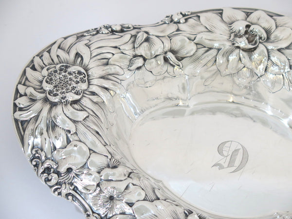 15 in - Sterling Silver Gorham Antique Peony Repousse Oval Serving Bowl
