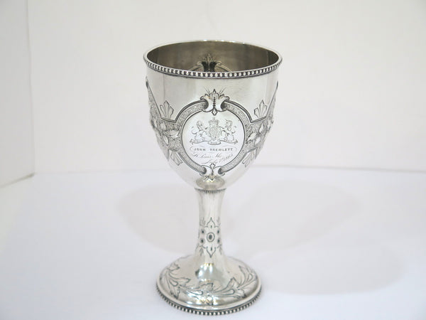 7 in Coin Silver R. & W. Wilson Antique c. 1865 Floral Motif Coat of Arms Goblet