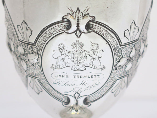 7 in Coin Silver R. & W. Wilson Antique c. 1865 Floral Motif Coat of Arms Goblet